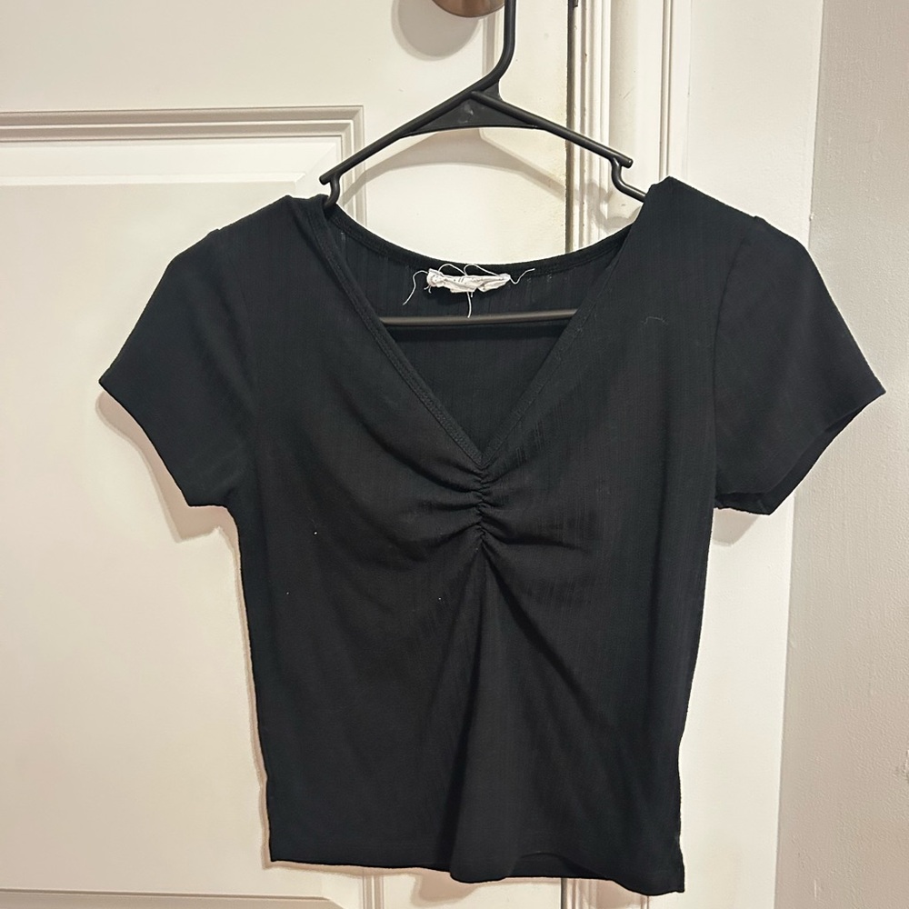 Macy's Black Ruched Crop Blouse Short Sleeve